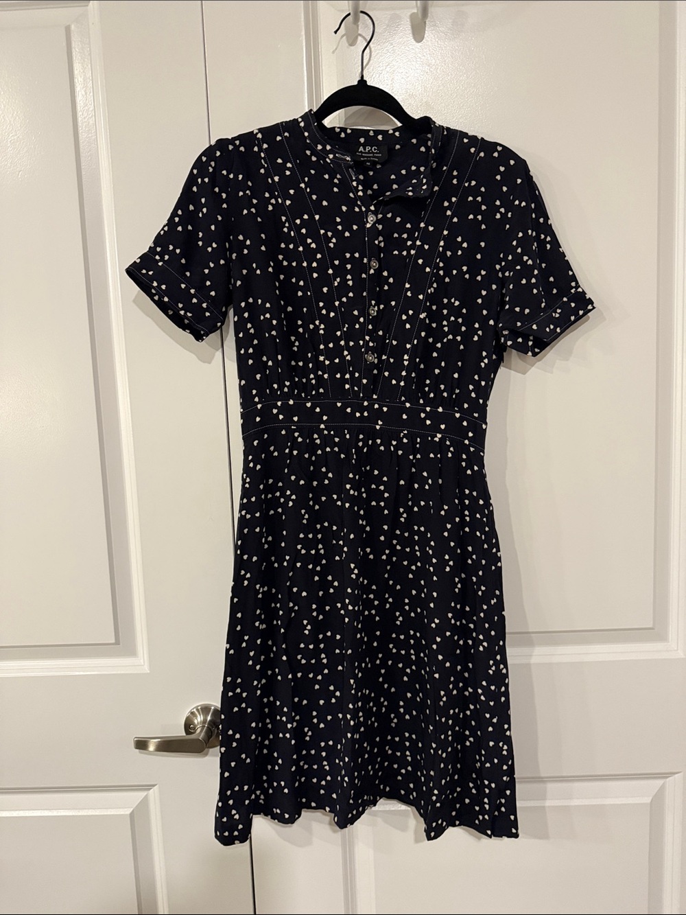 A.P.C. Black camille silk heart print Dress with White Heart Print size 36